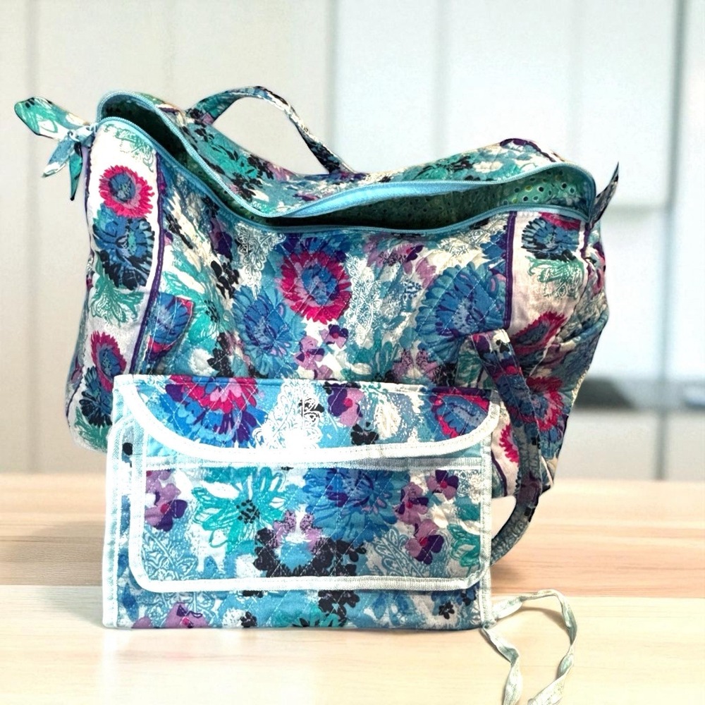 Large Travel Duffel Weekend Bag Blue Floral, 2 Foldable Storage Add Ons Included